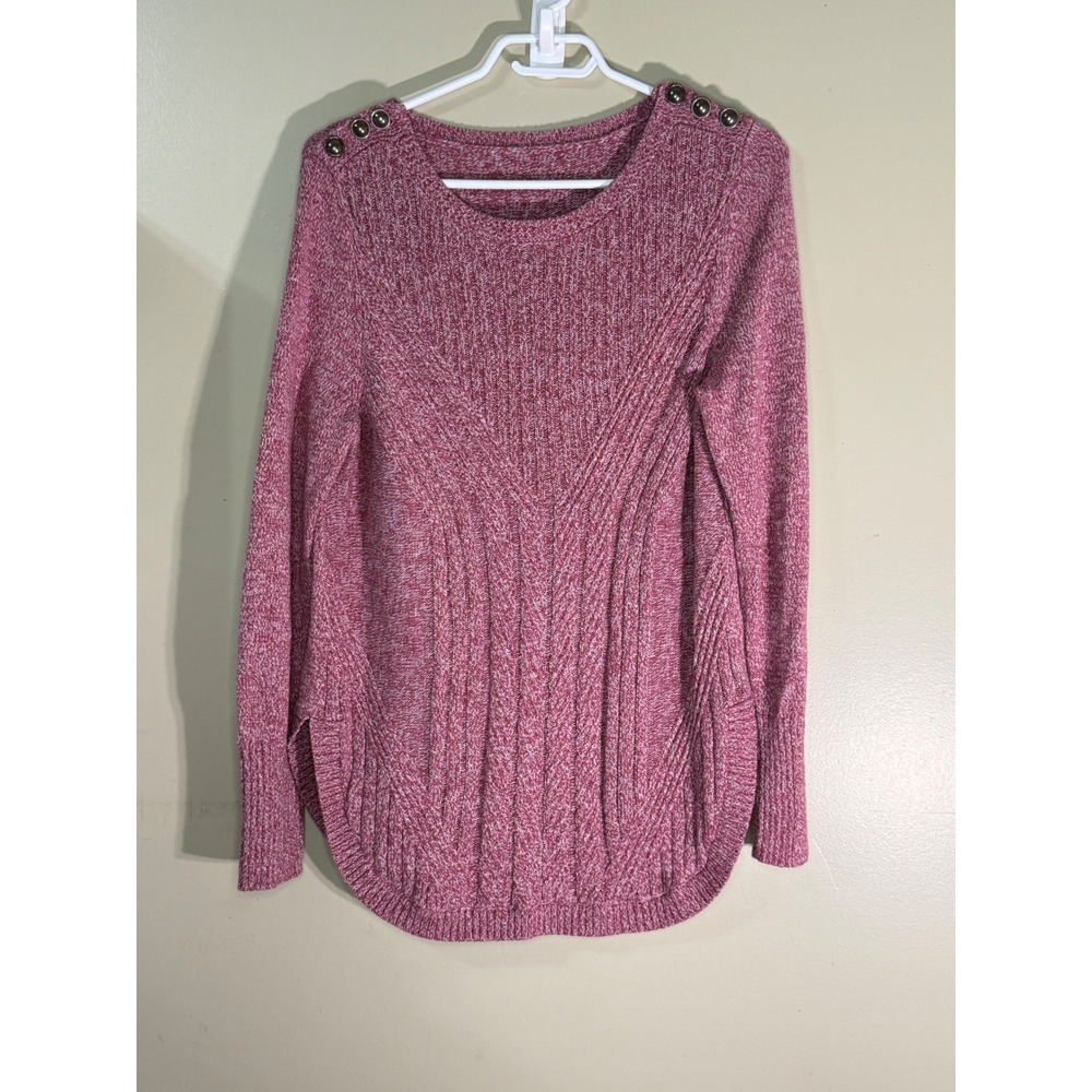 Pink Marled Knit Shoulder Button Sweater Curved Hem Crew Neck Pullover Tops
